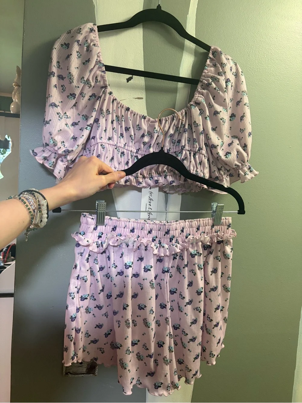 For Love & Lemons Lilac Floral Smocked Crop Top and Shorts Lounge Set - Picture 5 of 10